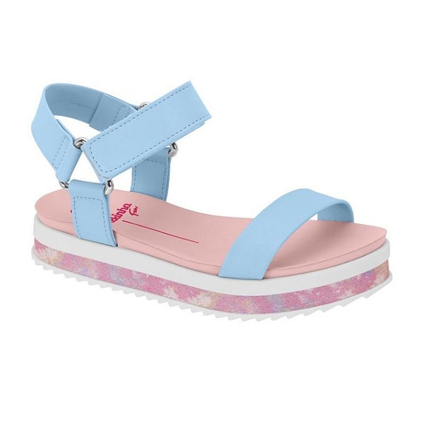 Sandália Infantil Menina Molekinha Napa Turim Velcro Aquarela- Celeste/ Multi Rosa
