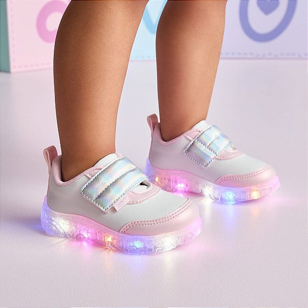 Tênis Infantil Menina Pampili Led Liz Luz- Branco/ Rosa Suspiro