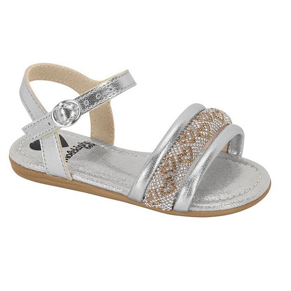 Sandália Infantil Menina Molekinha Metalizada Coração-Prata/ Cristal/ Dourado