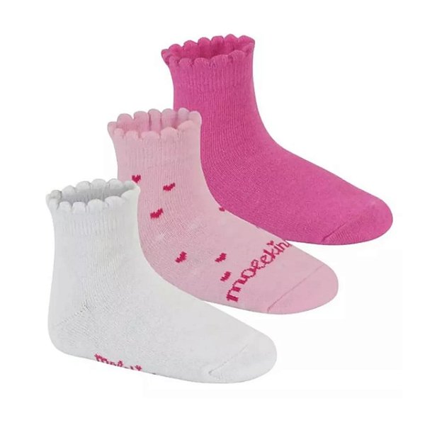 Meia Infantil Menina Molekinha Cano Médio Corações- Rosa-Multi Rosa/Pink/Branco Kit 3 Pares