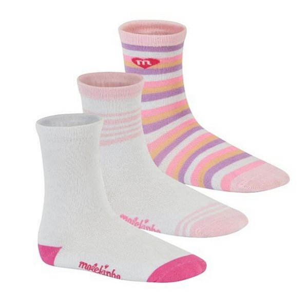 Meia Infantil Menina Cano Longo Molekinha Listras- Branco Rosa/ Branco Pink/Multicolor Kit 3 Pares