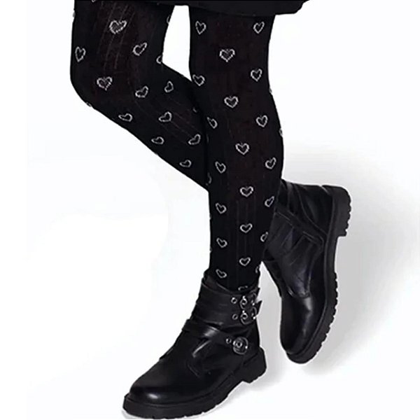 Meia Calça Infantil Menina Selene Algodão Fio 80 Coração- Preto