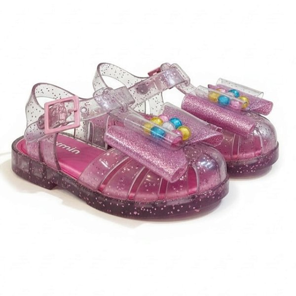 Sandália Infantil Menina Cristal Camin Laço- Glitter/ Rosa Ballet