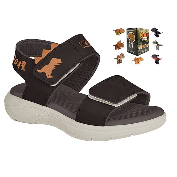 Sandália Infantil Menino Kidy Fly Dinossauros- Café/ Laranja