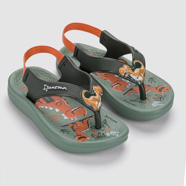 Chinelo Infantil Menino Ipanema Anatômica Dinossauro- Verde/ Laranja