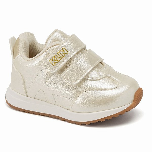 Tênis Infantil Menina Klin Walk Baby- OFF Wite/ Dourado