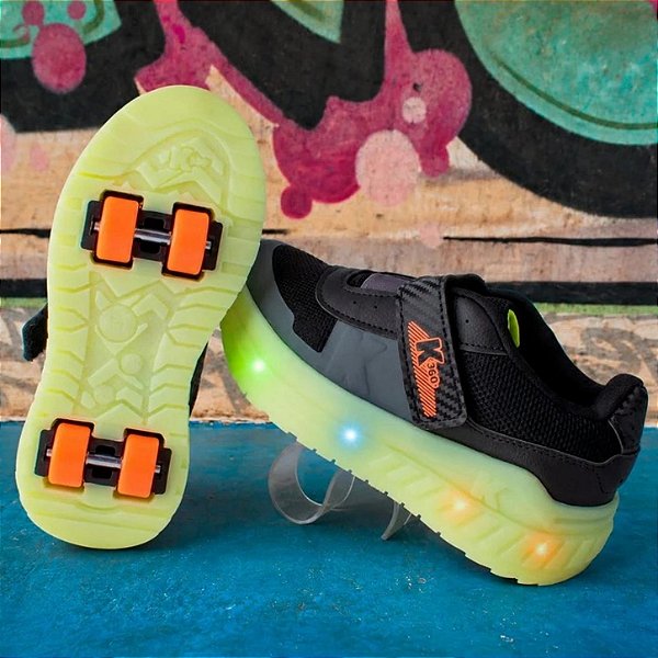 Tênis Infantil Menino Kidy veloz Rodinha Led- Preto/ Amarelo Neon