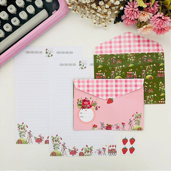 Kit Papeis de Carta com Envelopes Fazenda de Morangos Buendia