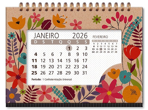 Calendário de Mesa 2026 Floral Kraft Fina Idéia