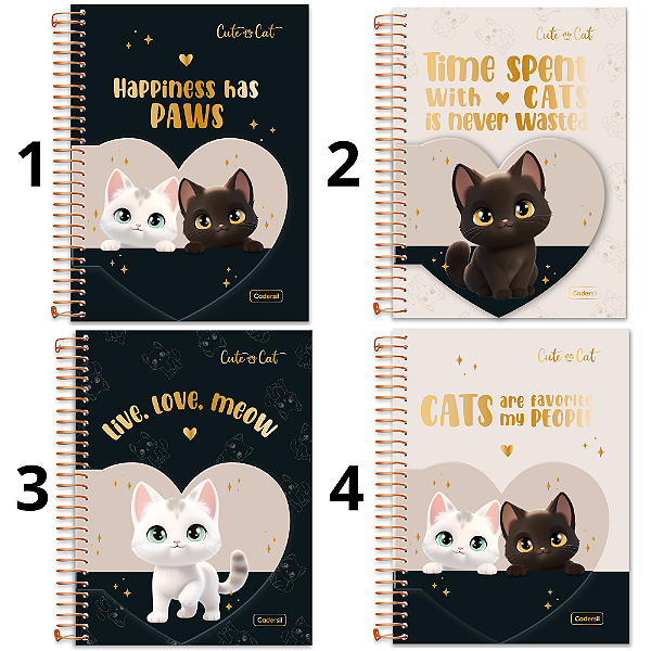Caderno Colegial 1M 80F Coração Cute Cat Cadersil