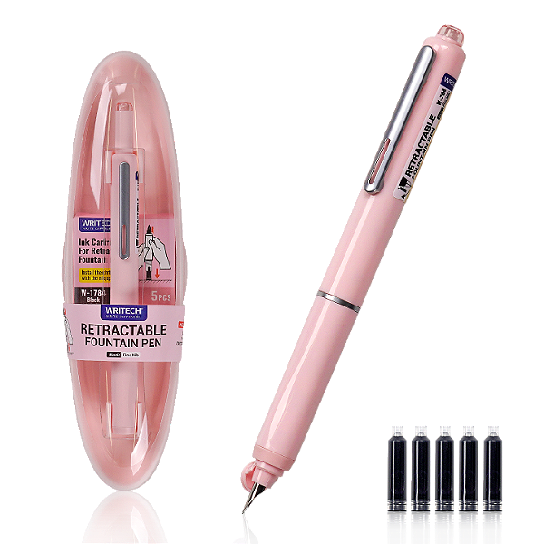Caneta Tinteiro Retratil Rosa com 5 Refis Writech