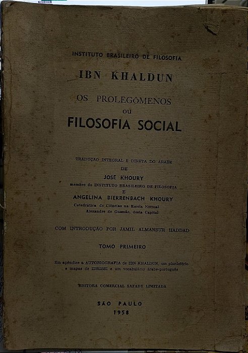 Os Prolegômenos Ou Filosofia Social Tomo 1 - Ibn Khaldun (Marcas) - 1958