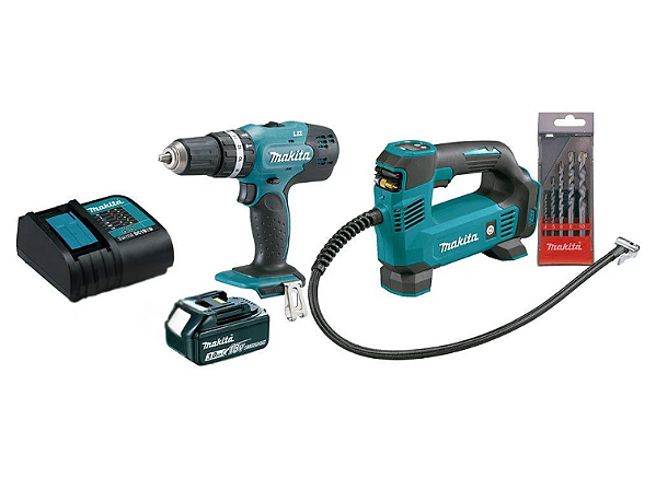 COMBO - Parafusadeira/Furadeira 1/2 1 Bateria Com Carregador Com Compressor KITDHP453+DMP18 - MAKITA
