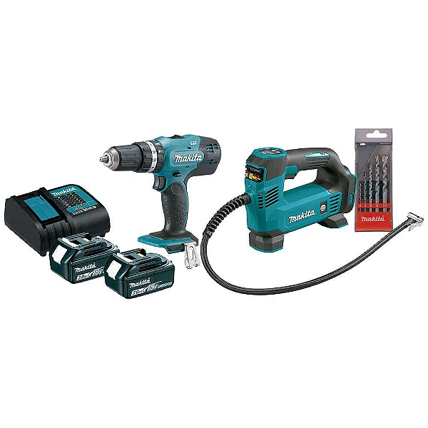 COMBO - Parafusadeira/Furadeira 1/2 1 Bateria Com Carregador Com Compressor KITDHP453+DMP18 - MAKITA