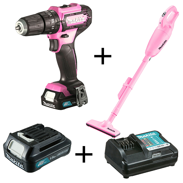 COMBO ROSA - Aspirador de Pó a Bateria 12V MAX Rosa (CXT) + Parafusadeira/Furadeira De Impacto Rosa 3/8'' 12V 1 Bateria Com Carregador - HP333DWYEP + CL108FDZP - Makita