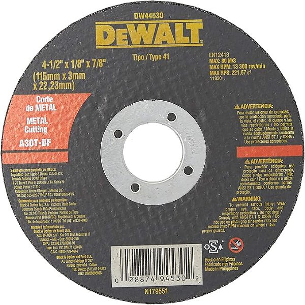 Disco de Corte Abrasivo 4"x1/2" 1/8"x7/8" - DW44530 DEWALT