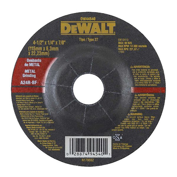 Disco de Desbaste Abrasivo 4" 1/2" x 1/4" x 7/8" - DW44540 DEWALT