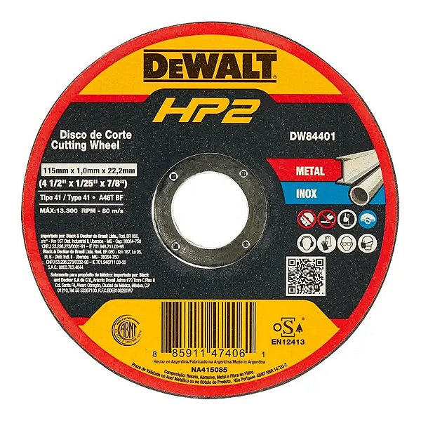 DISCO DE CORTE INOX HP2 4X1/2 1/0X7/8 - DEWALT