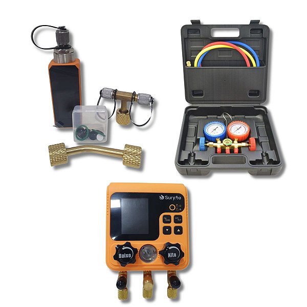 Kit Vacuometro Digital C/ Adaptadores 1/4" + Manifold Digital S/Mangueiras + Manifold C/Mangueira 90CM Maleta  Premium