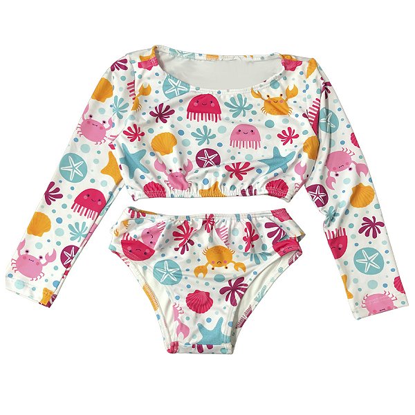 Conjunto Infantil Proteção UV Biquini Cropped Manga Longa com Calcinha