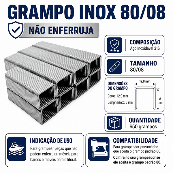 Grampo INOX 80/08 caixa com 650 grampos, não enferruja