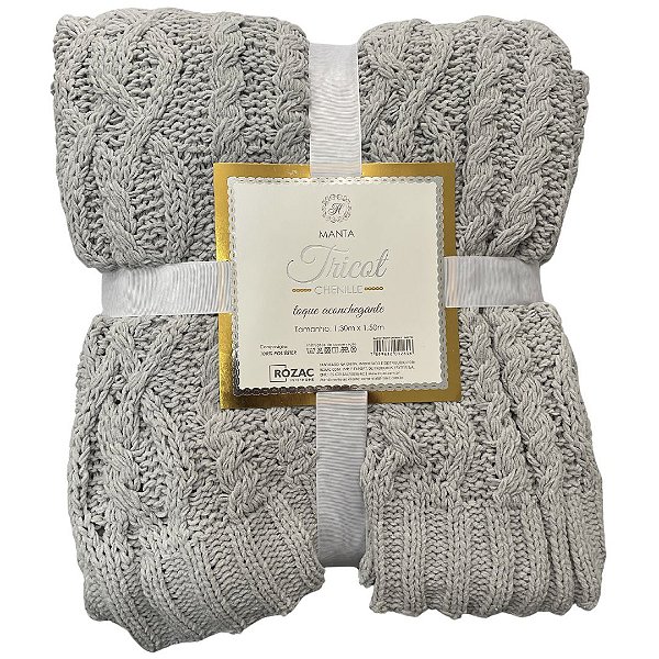 Manta Tricot Chenille Tramas Cinza 1,30x1,50 Metros
