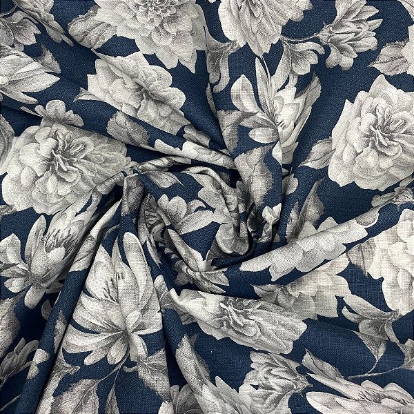 Tecido Acquablock Karsten Interno Rosas Brancas Fundo Marinho - Essence 36