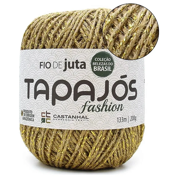 Fio de Juta Natural Tapajós com Fitilho Dourado para Decoração e Artesanato 2,33mm - Rolo 133 Metros