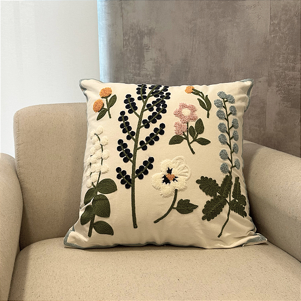 Capa Para Almofada Bordada Flores Folhas 45x45