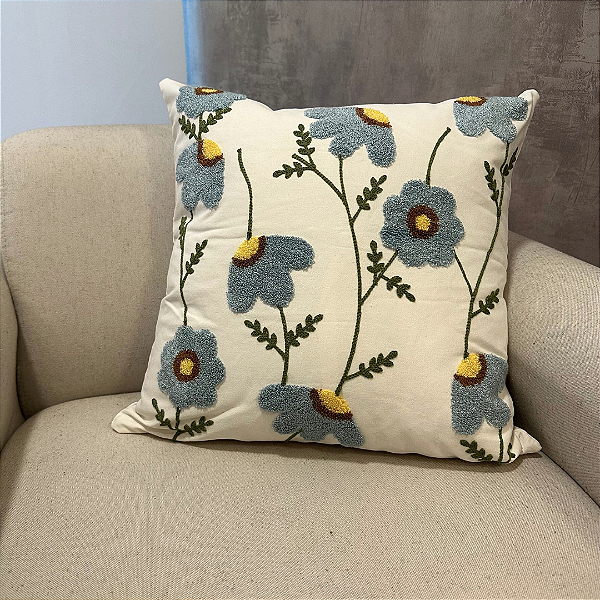 Capa Para Almofada Flores Azuis  Amarelas 45x45