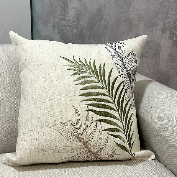 Capa Para Almofada Bordada Folhas Tropicais Verde e Linho 45x45