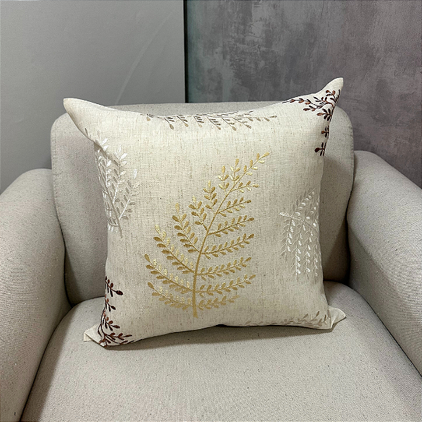 Capa Para Almofada  Bordada Folha Dourada e Marrom 45x45