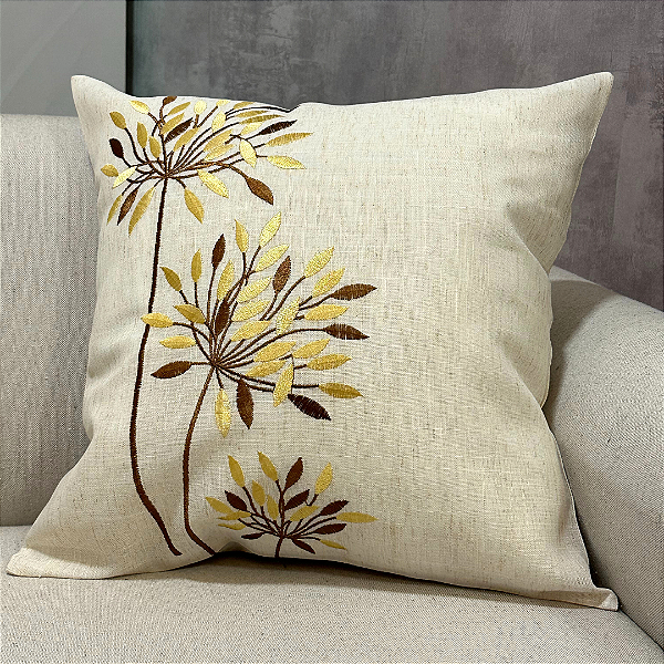 Capa Para Almofada Bordada Flores Linho Douradas e Marrom 45x45