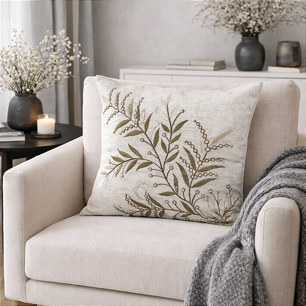 Capa de Almofada 45x45cm Linho Bordada Artesanal Decoração Ramos Fendi