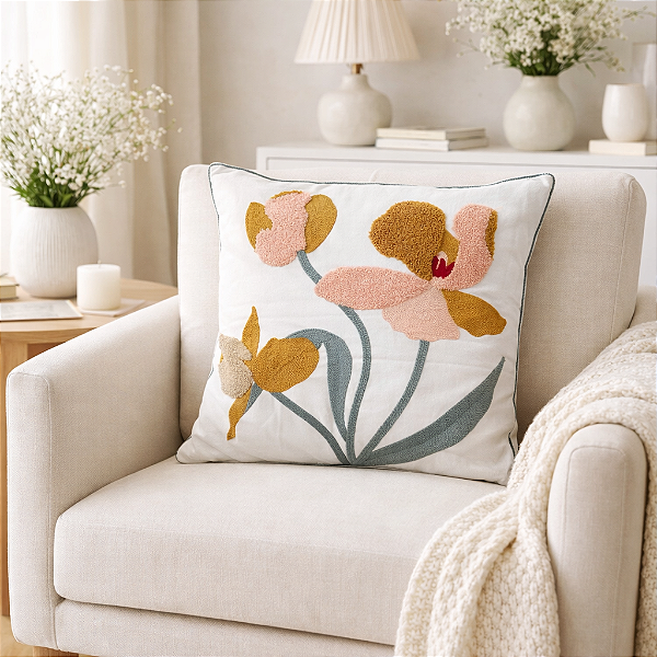 Capa de Almofada 45x45cm Bordada Artesanal Decoração Flores Mostarda
