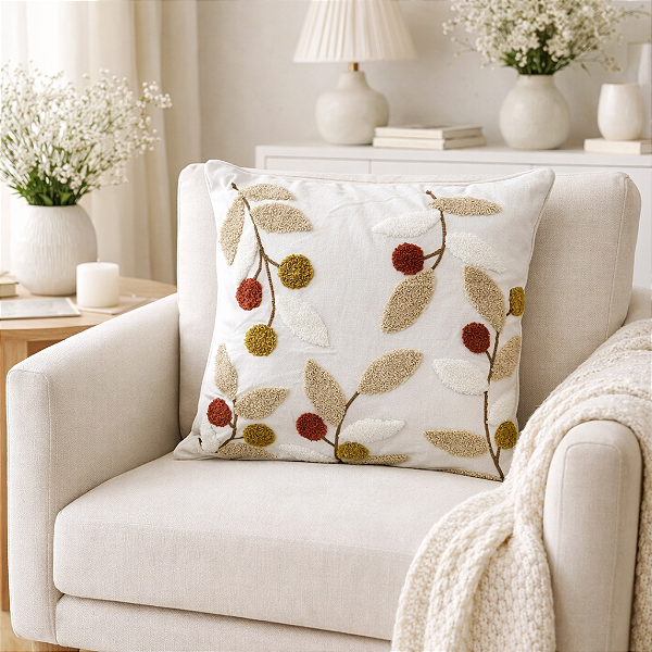 Capa de Almofada 45x45cm Bordada Artesanal Decoração Folhas Terracota