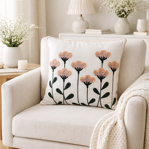 Capa de Almofada 45x45cm Bordada Artesanal Decoração Flores Salmão
