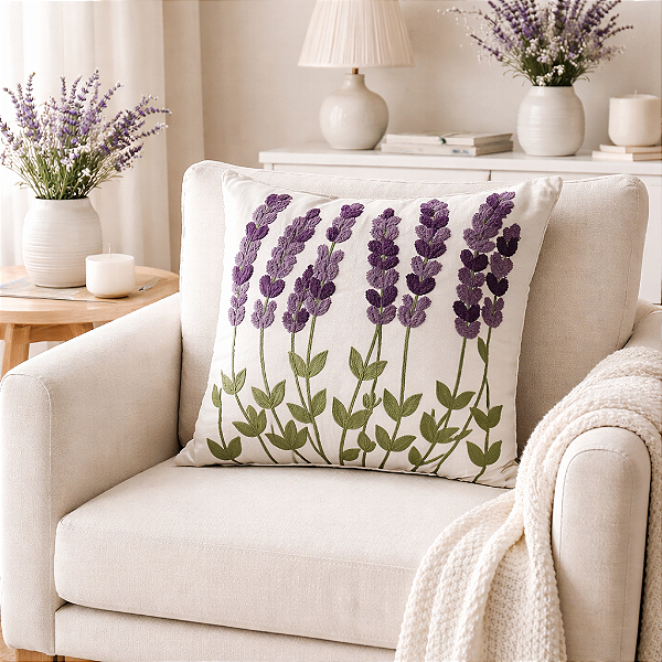 Capa de Almofada 45x45cm Bordada Artesanal Decoração Lavanda