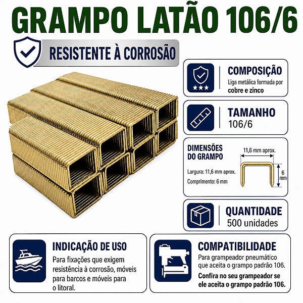 Grampo 106/6 Latão Naval 530grampo Não Enferruja Para Rocama