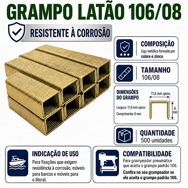 Grampo 106/8 Latão Naval 500grampo Não Enferruja Para Rocama