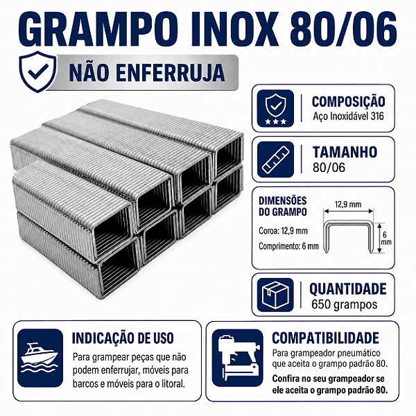 Grampo INOX 80/06 caixa com 750 grampos, não enferruja