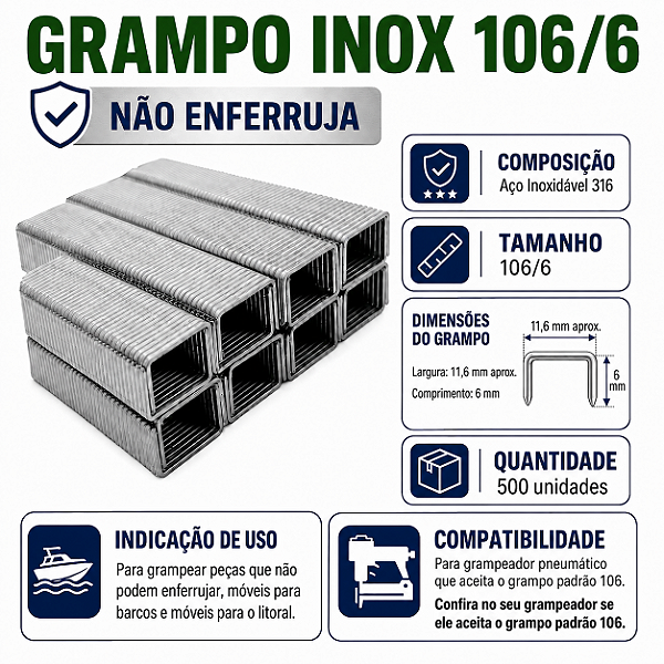 Grampo INOX 106/6 caixa com 500 grampos, não enferruja