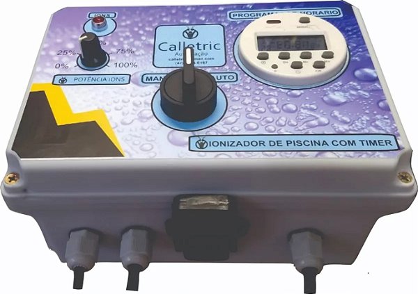 IONIZADOR DE PISCINA ATÉ 60 MIL LITROS COM ACIONAMENTO DA BOMBA E TIMER COM CUBA TRANSPARENTE