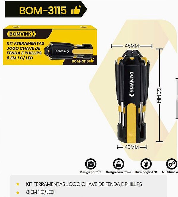 Kit Ferramentas jogo chave fenda e phillips 8 em 1 com lanterna de Led Bom3115