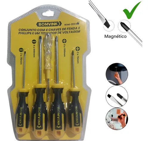 Conjunto com 4 chaves de fenda e phillips e um testador de voltagem Bom3119