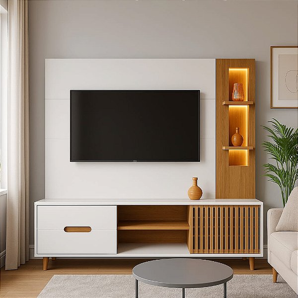 Estante Home Brise para TV até 70 Polegadas 1 Porta Correr 2 Gavetas e Rodízio