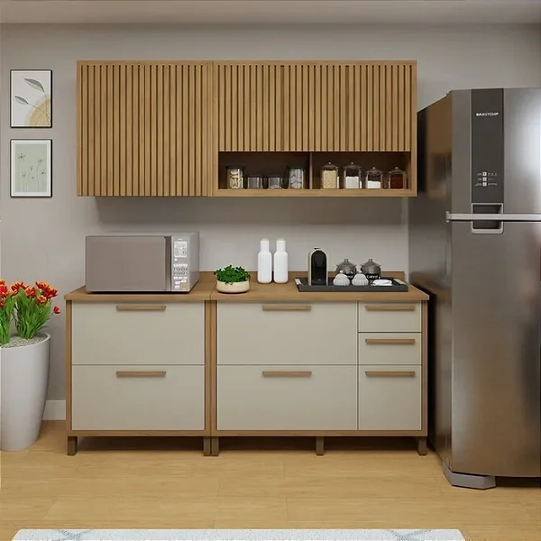 Cozinha Completa Torino com 2 Balcões e 2 Aéreos Cinamomo/Off White