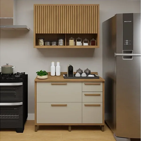 Cozinha Torino com Balão 3 Portas e Armáreo Aéreo com Nicho Cinamomo/Off White