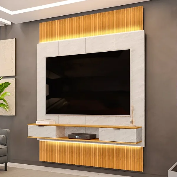 Painel para Tv 75 Pol Canelado Extensível Piso Ao Teto Quartzo/cedro