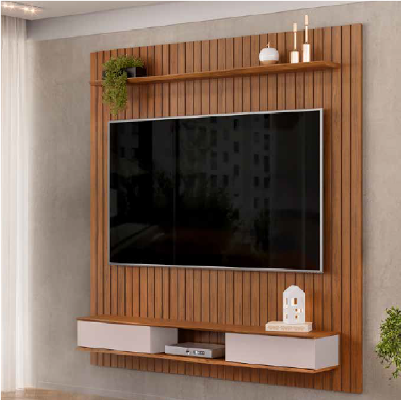 Painel P/ Tv até 70 Polegadas Lexus Ripado C/ Prateleira e Nichos Freijó/off White